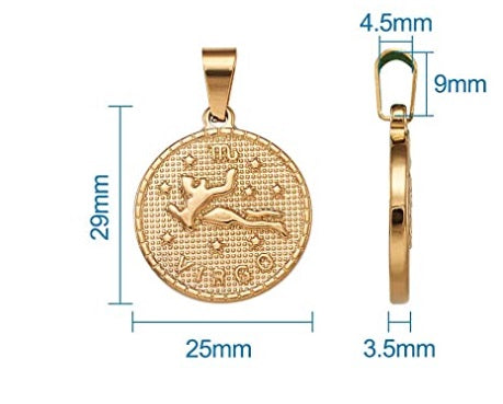 Lifestyle photo of a gold stainless steel Constellation Necklace featuring an engraved zodiac constellation. Elegant astrology jewelry with celestial star design on a durable 24 inch chain.