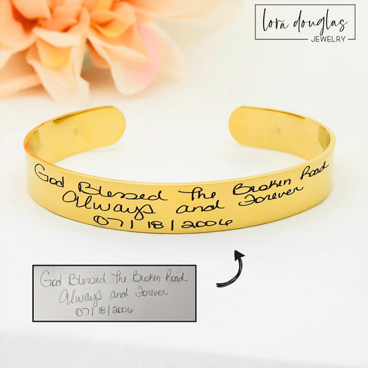Memorial handwriting bracelet engraved with a mother's actual handwriting on a stainless steel cuff. Personalized remembrance jewelry for loss of Mom, sympathy gifts, bereavement, and lasting family keepsakes.
