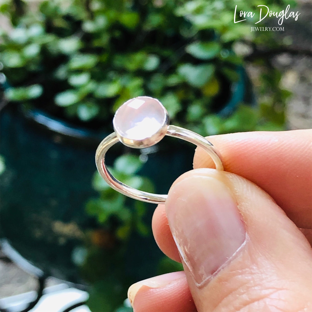 Natural rose quartz and sterling silver ring in US size 7.5, featuring an 8mm rose cut faceted gemstone and simple solitaire design for shoppers searching for pink stone jewelry or a meaningful gift for her.
