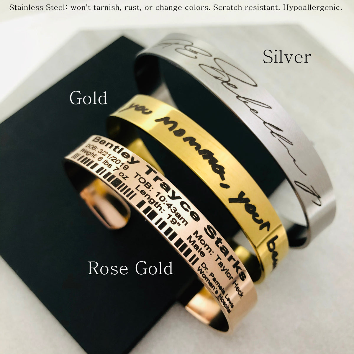 Personalized anniversary bracelet engraved with handwritten vows, signatures, or romantic notes. Stainless steel cuff available in silver, gold, and rose gold for first anniversaries, milestone celebrations, or Valentine's Day.
