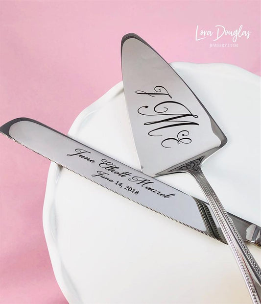 Personalized birthday cake knife and server set engraved as a first birthday keepsake, featuring a full size Reed & Barton stainless steel cake knife designed to be used for birthdays and later as a wedding cake knife