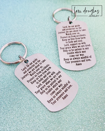 Personalized dog tag keychain with permanent laser engraving on brushed stainless steel. Custom keychain gift engraved with meaningful text, coordinates, names, or quotes for husbands, dads, friends, and graduates.