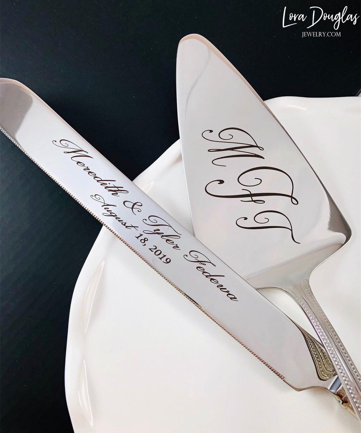 Personalized first birthday cake knife set featuring permanent laser engraving on a Reed & Barton stainless steel knife and server, a meaningful keepsake gift for a baby, grandchild, godchild, son, or daughter