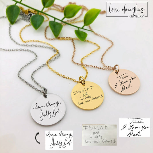 Personalized handwriting necklace engraved with actual handwriting on a round stainless steel pendant. Custom memorial jewelry available in silver, gold, and rose gold as a meaningful keepsake gift for weddings, anniversaries, or loved ones.