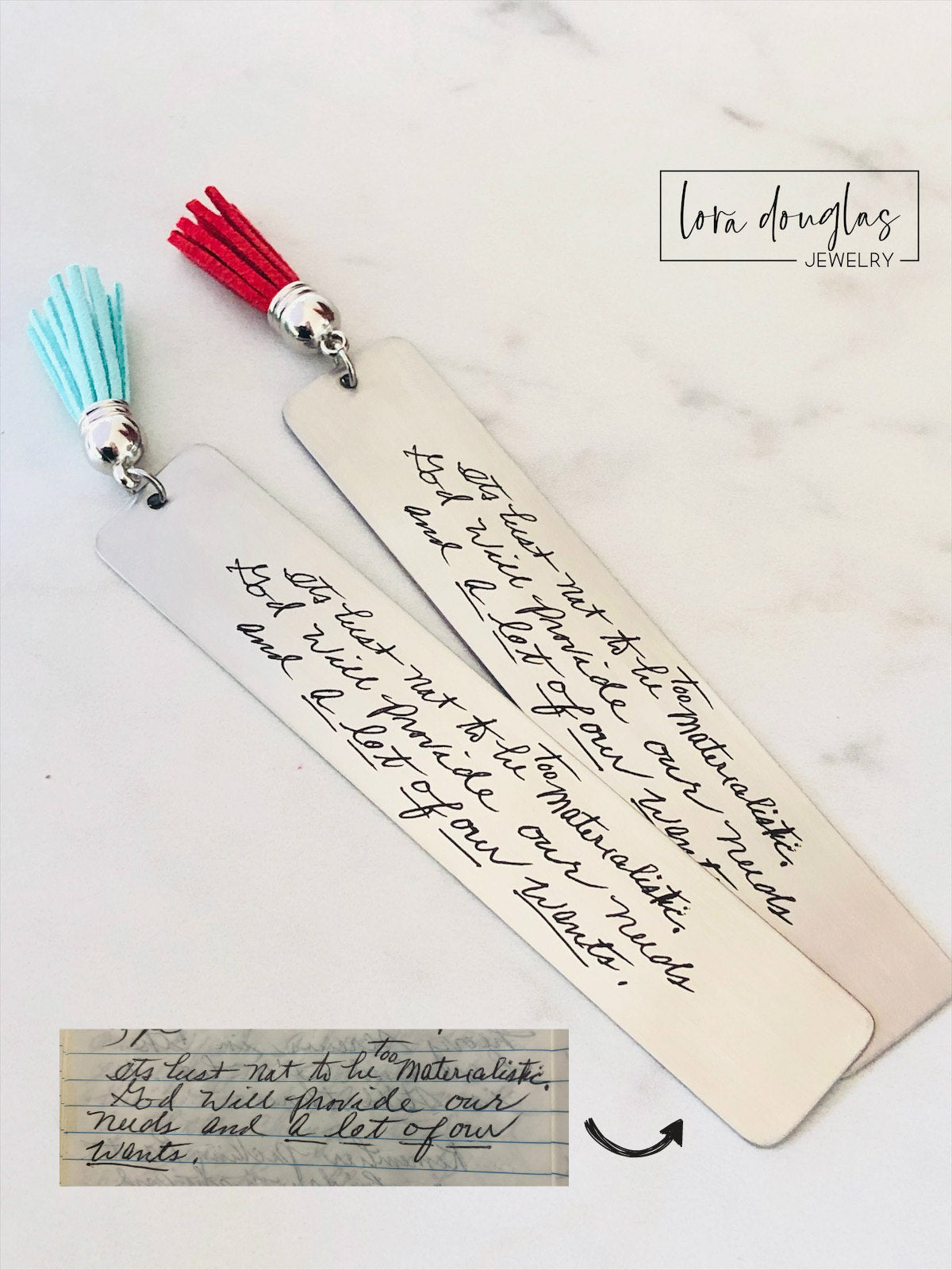 Personalized stainless steel bookmark engraved with authentic handwriting uploaded by the customer. Durable laser engraved keepsake with thirteen tassel color choices, ideal for preserving family memories and meaningful handwritten messages.