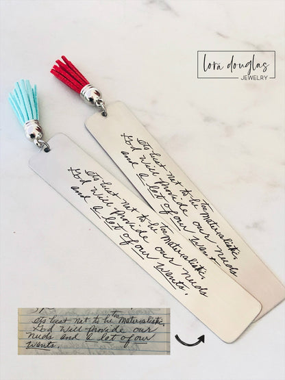 Personalized stainless steel bookmark engraved with authentic handwriting uploaded by the customer. Durable laser engraved keepsake with thirteen tassel color choices, ideal for preserving family memories and meaningful handwritten messages.