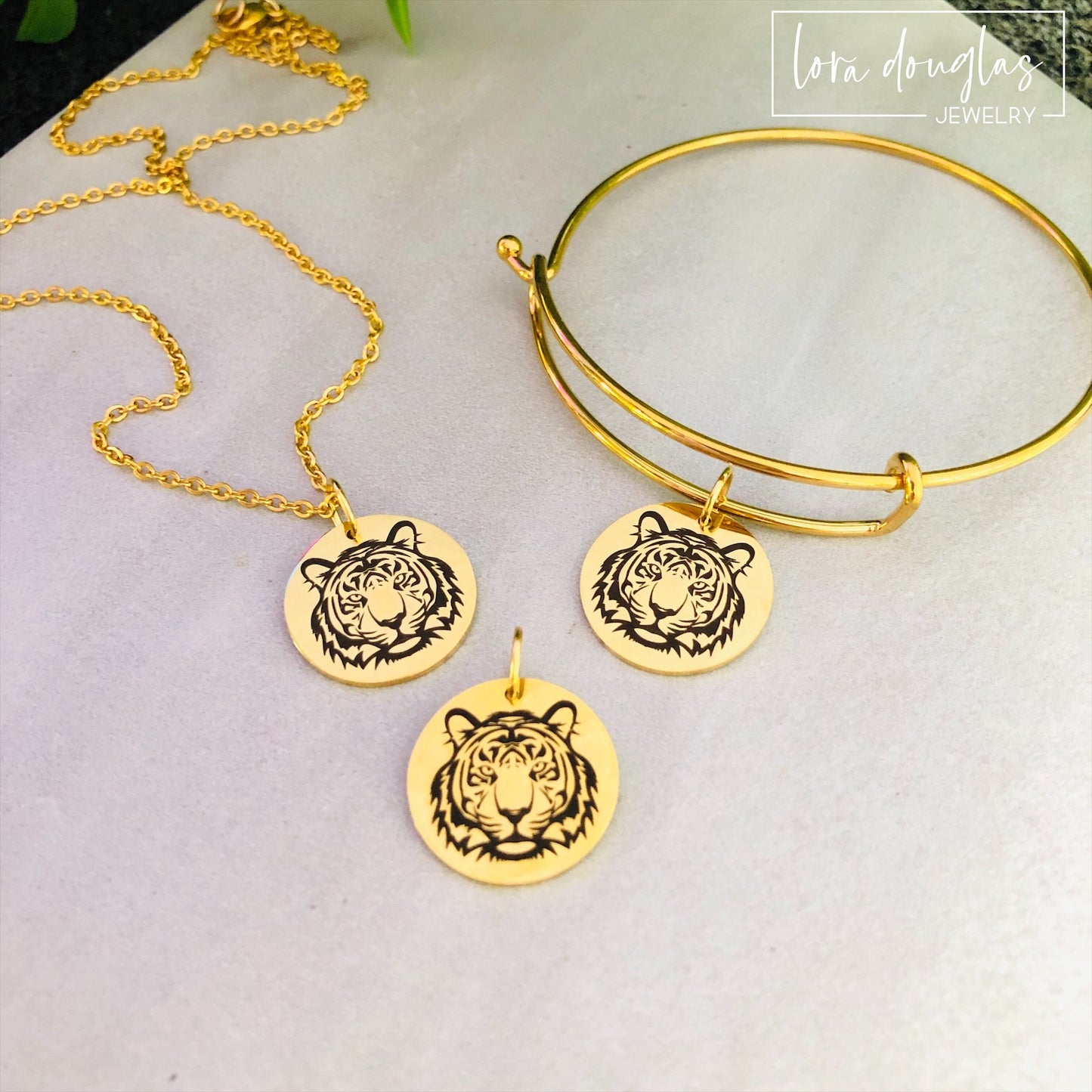 Tiger Jewelry, Necklace, Bracelet or Charm in Gold, Rose Gold, or Silver