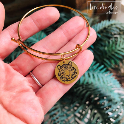 Tiger Jewelry, Necklace, Bracelet or Charm in Gold, Rose Gold, or Silver