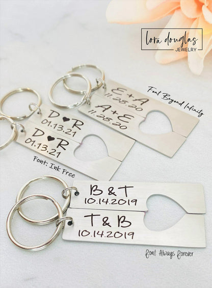 Two stainless steel keychains with laser engraved personalization