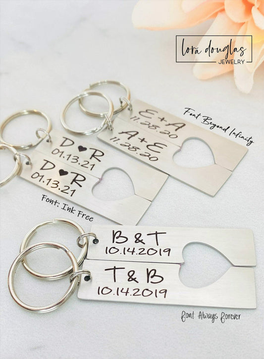 Two stainless steel keychains with laser engraved personalization