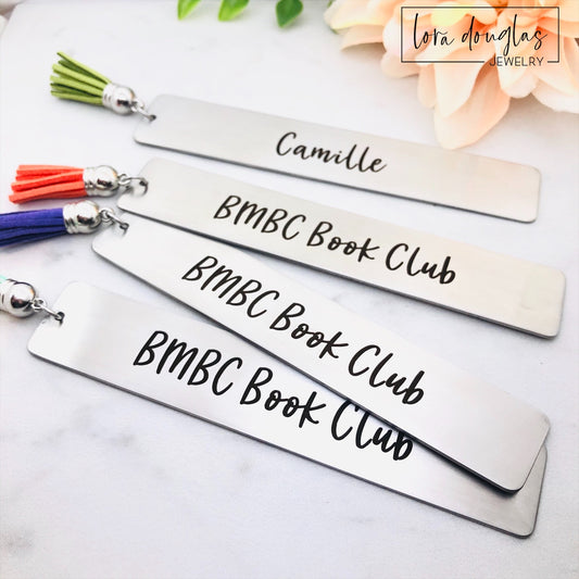personalized metal bookmarks for book clubs, customizable with your choice of fonts and tassel colors