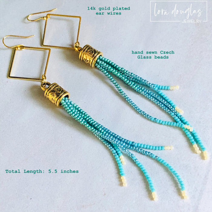 Beaded Fringe Earrings - Turquoise and Blue