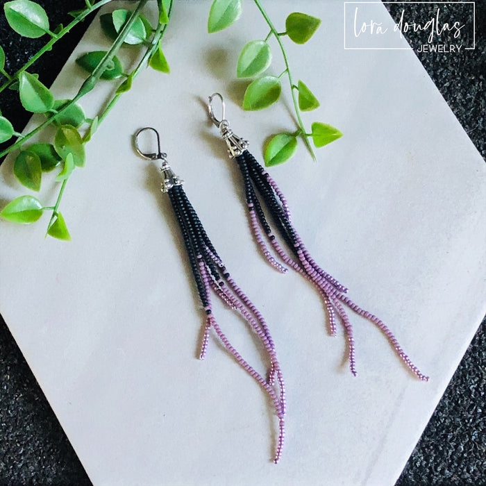 Beaded Fringe Earrings - Purple Black
