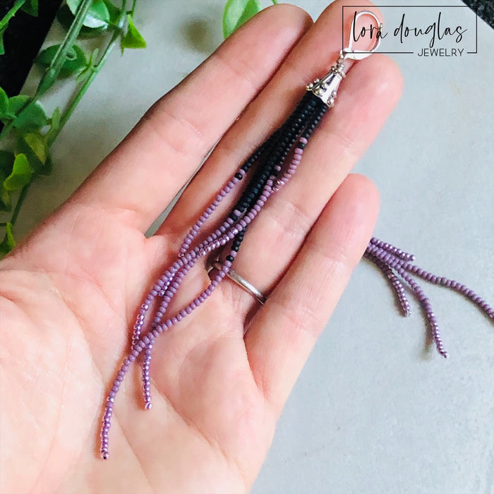 Beaded Fringe Earrings - Purple Black