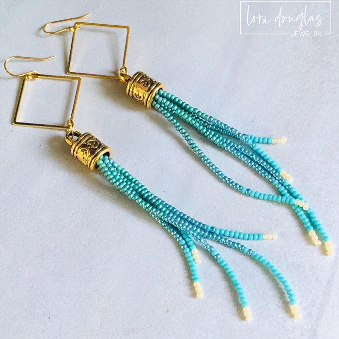 Beaded Fringe Earrings - Turquoise and Blue