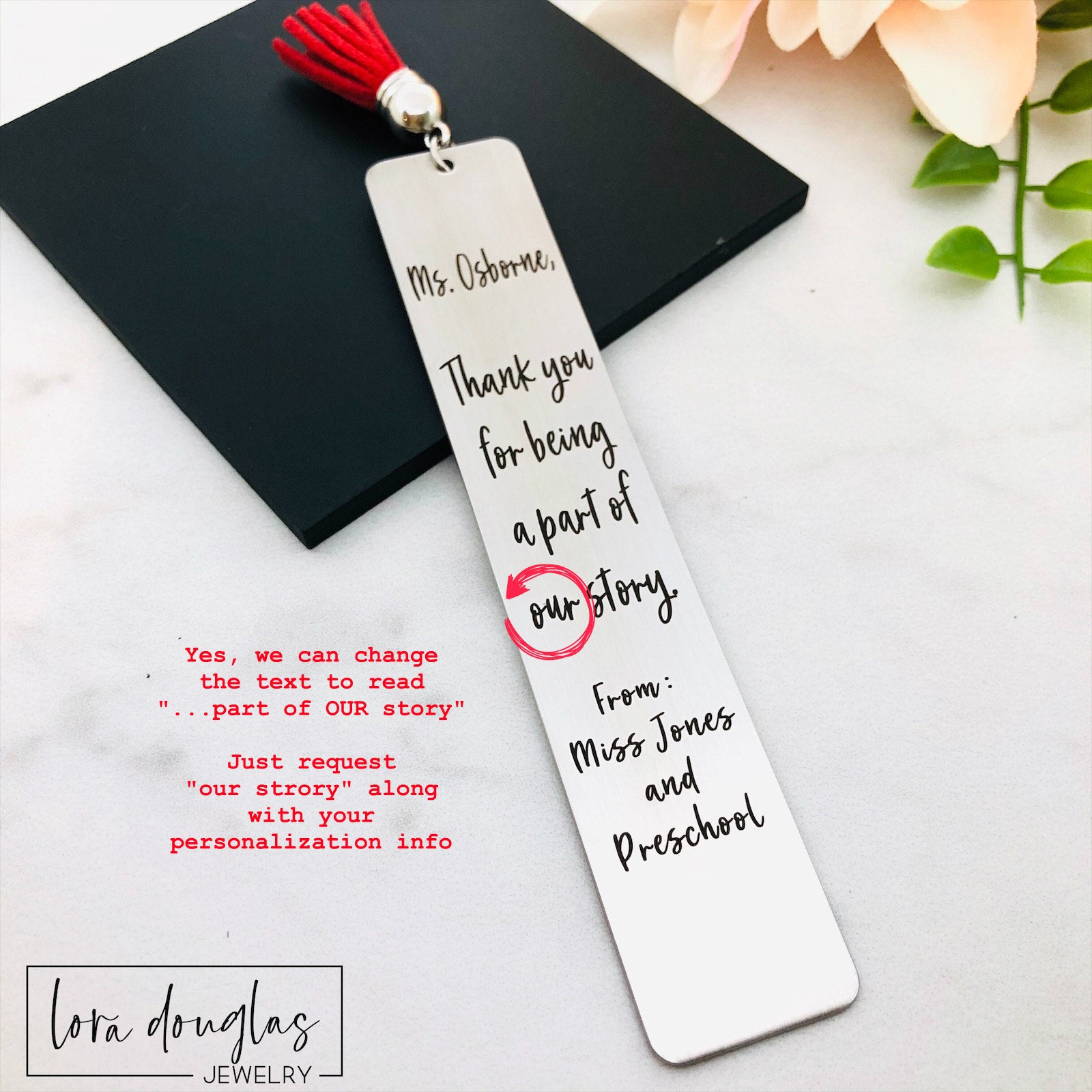 Teacher Appreciation Bookmark, Thank you for being a Part of my Story personalized with teacher and student names