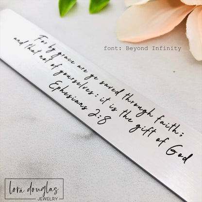 custom silver bookmark engraved with bible verse. bible study gift.