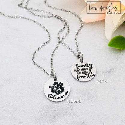 A collection of jewelry items with Ohana, Family means no one gets left behind or forgotten. available in bracelet, necklace or charm options