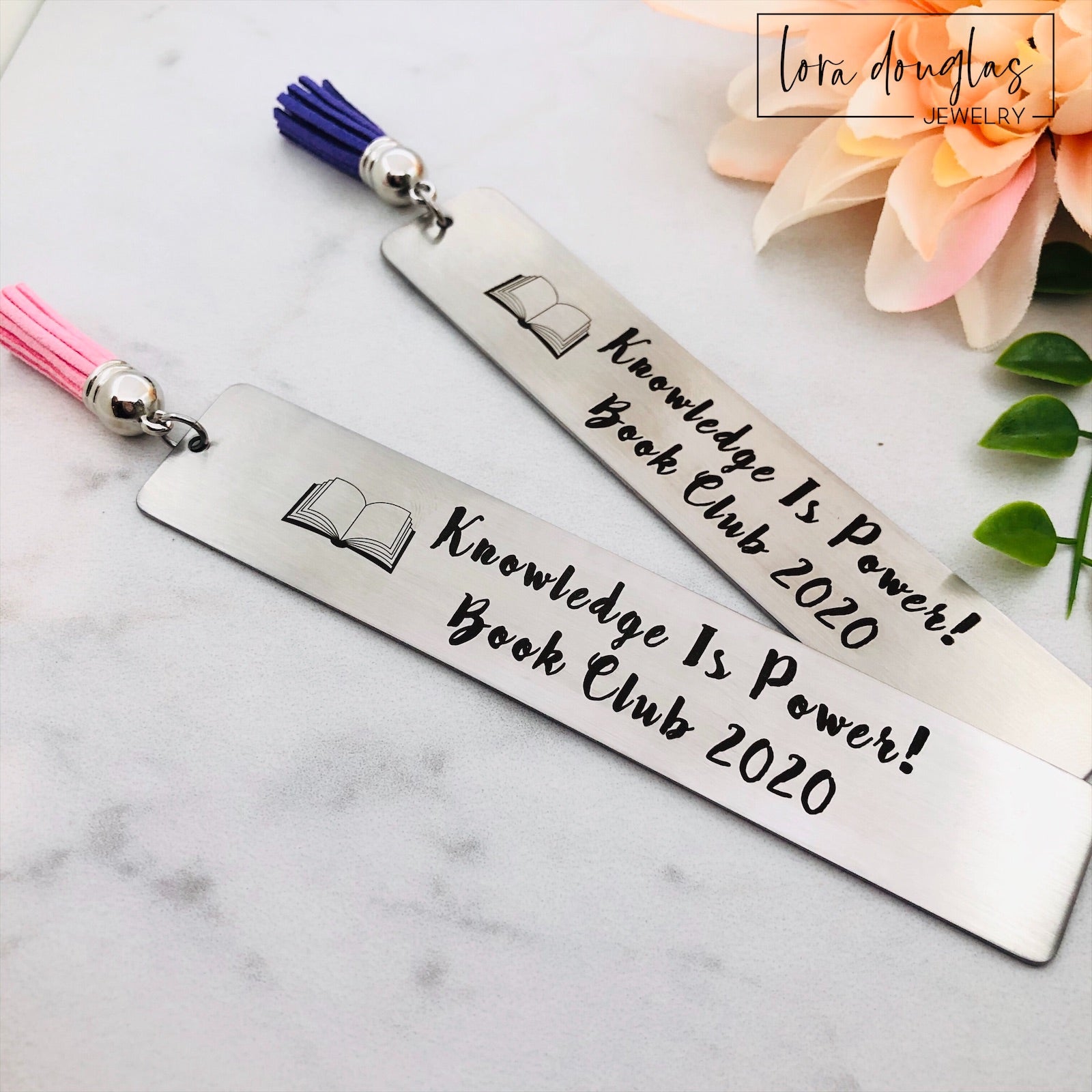 personalized metal bookmarks for book clubs, customizable with your choice of fonts and tassel colors