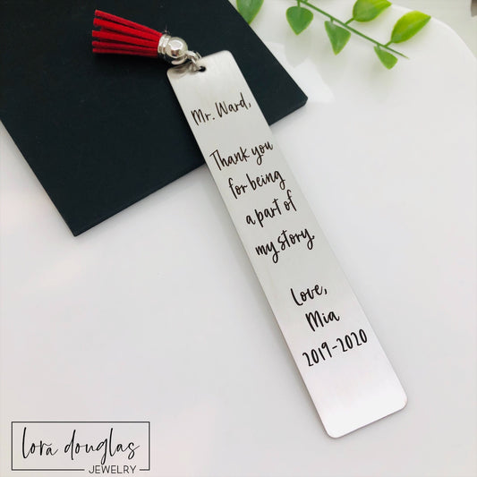 Teacher Appreciation Bookmark, Thank you for being a Part of my Story personalized with teacher and student names