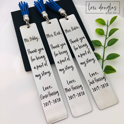 Teacher Appreciation Bookmark, Thank you for being a Part of my Story personalized with teacher and student names