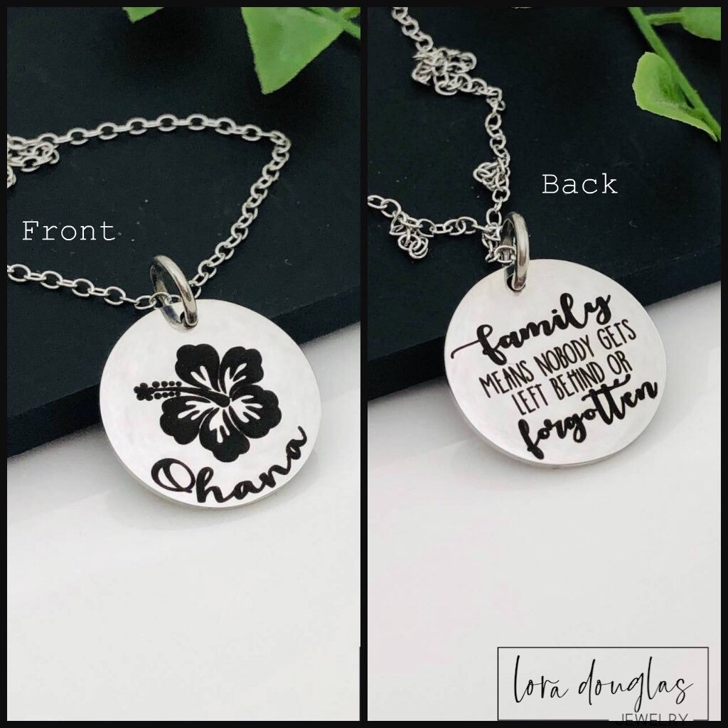 A collection of jewelry items with Ohana, Family means no one gets left behind or forgotten. available in bracelet, necklace or charm options