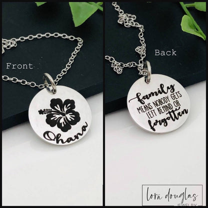 A collection of jewelry items with Ohana, Family means no one gets left behind or forgotten. available in bracelet, necklace or charm options