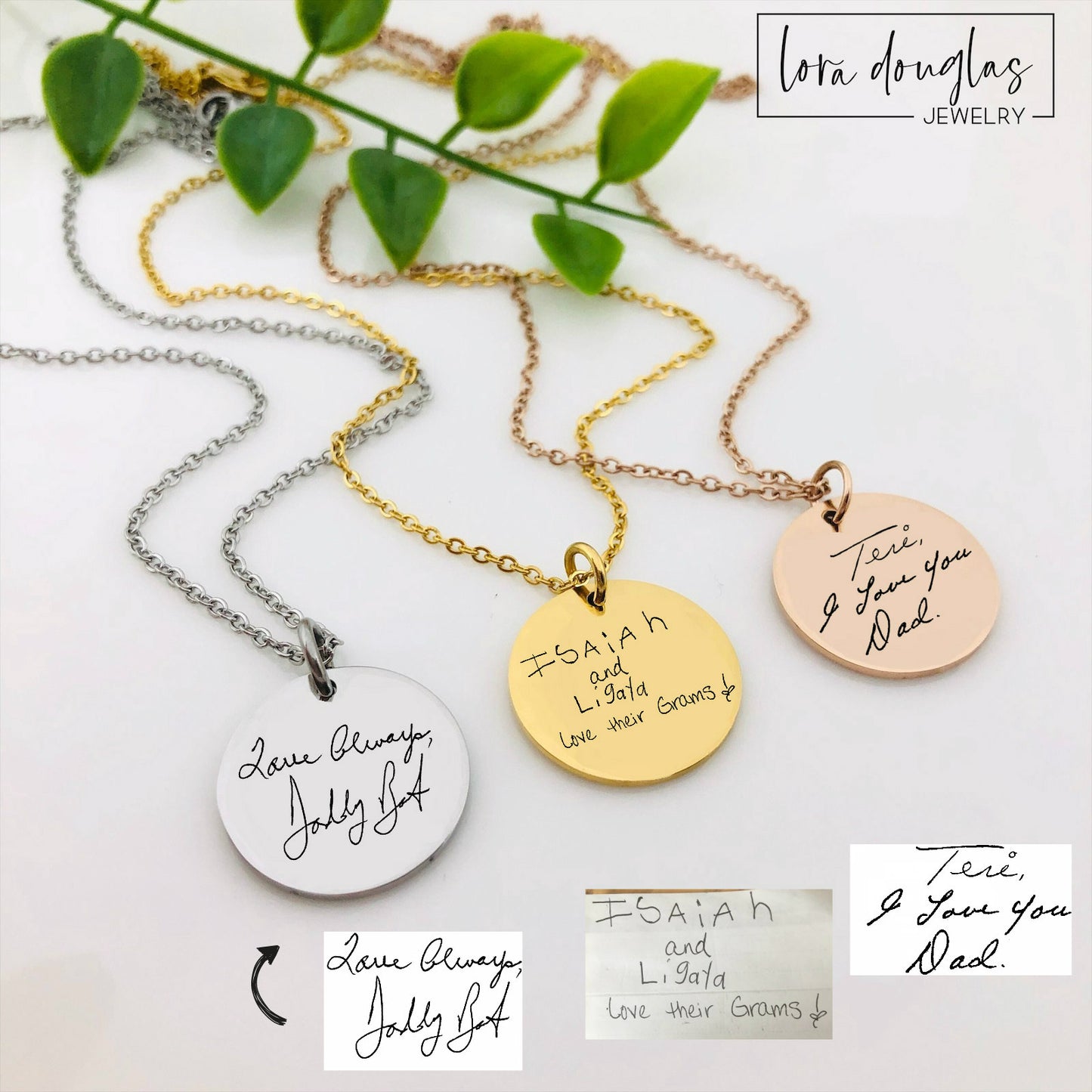 Three engraved necklaces displayed on a white background. Each necklace has a personalized handwritten message engraved on a disc charm, with varying text colors and styles.