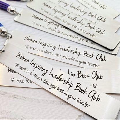 personalized metal bookmarks for book clubs, customizable with your choice of fonts and tassel colors