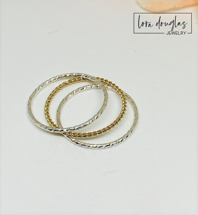 Gold and Sterling Silver Sparkle Stacking Rings, 3 Stacking Ring Set