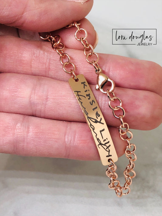 Rose Gold Handwriting Bracelet, Engrave Your Handwriting