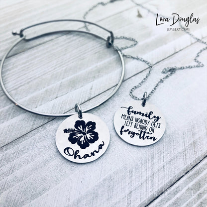 A collection of jewelry items with Ohana, Family means no one gets left behind or forgotten. available in bracelet, necklace or charm options