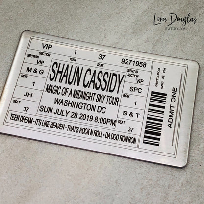  Perfect as shadow box inserts or personalized wallet cards, these custom metal concert, festival, gig, and event tickets offer a lasting tribute to unforgettable experiences. 