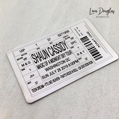  Perfect as shadow box inserts or personalized wallet cards, these custom metal concert, festival, gig, and event tickets offer a lasting tribute to unforgettable experiences. 