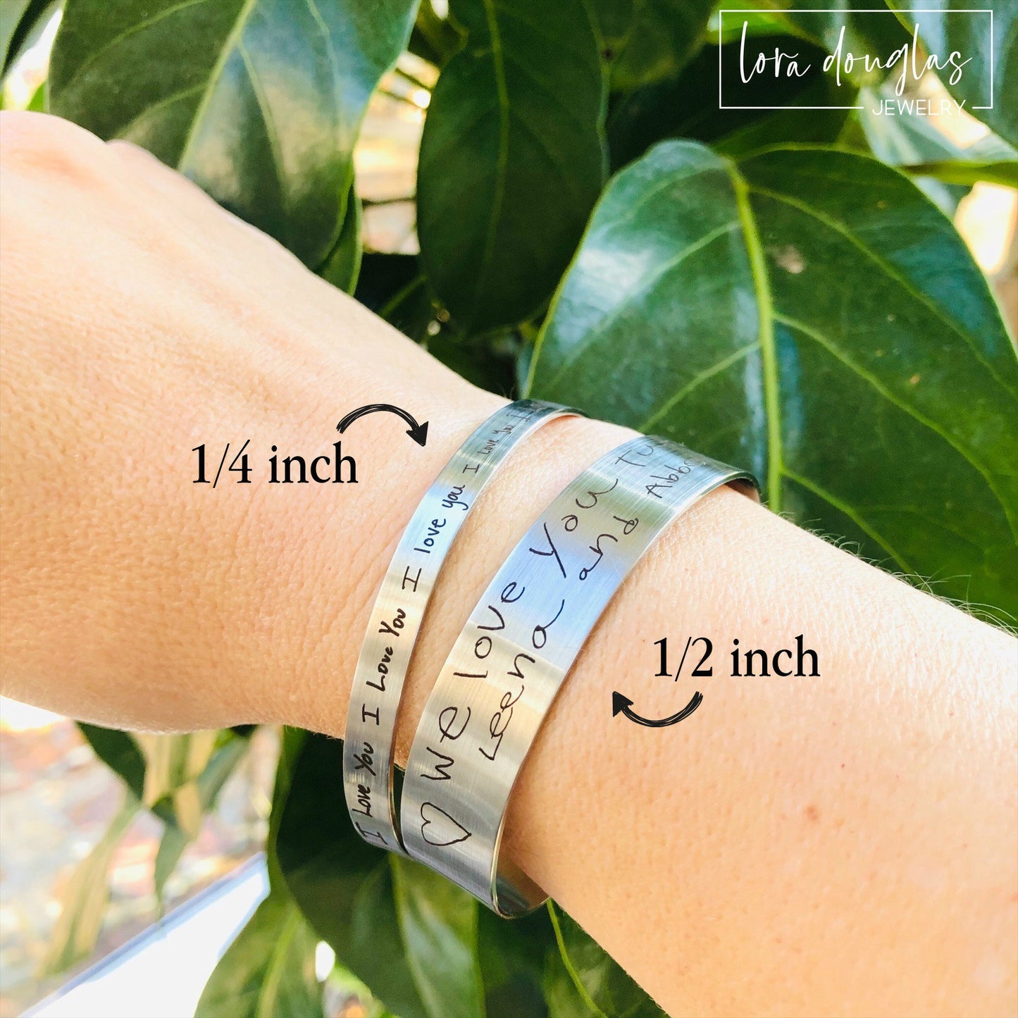 cuff bracelet with handwritten message engraved on the inside