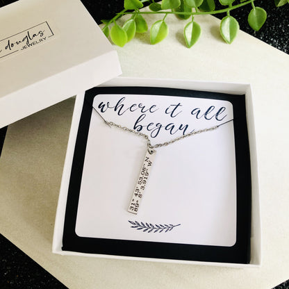 silver necklace engraved with latitude and longitude coordinates in a box that says where it all began