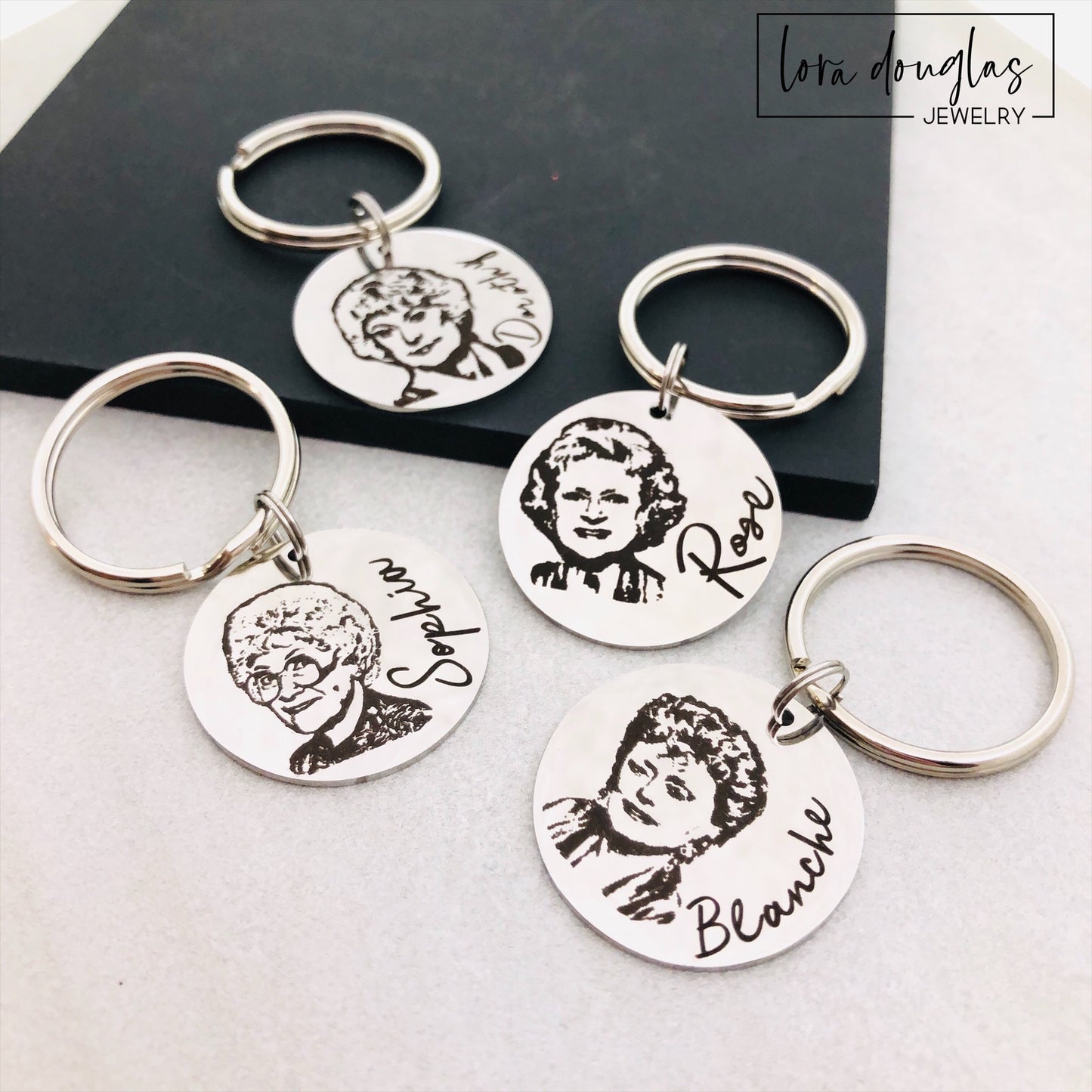 Golden Girls Keychains. Featuring vibrant designs inspired by Dorothy, Rose, Sophia,