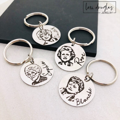 Golden Girls Keychains. Featuring vibrant designs inspired by Dorothy, Rose, Sophia,