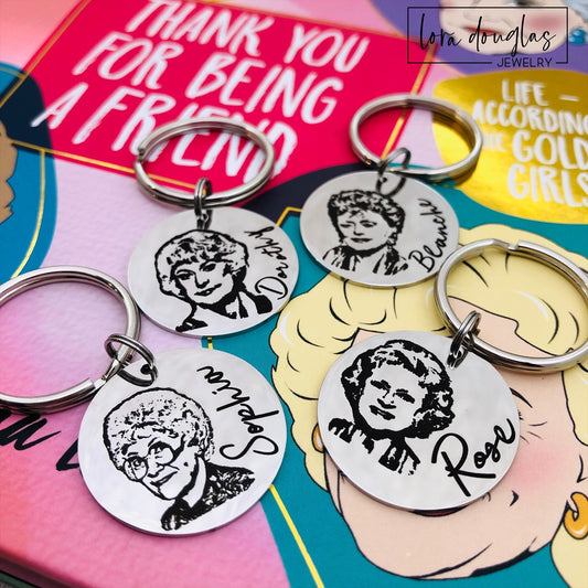 Golden Girls Keychains. Featuring vibrant designs inspired by Dorothy, Rose, Sophia,