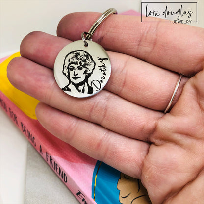 Golden Girls Keychains. Featuring vibrant designs inspired by Dorothy, Rose, Sophia,