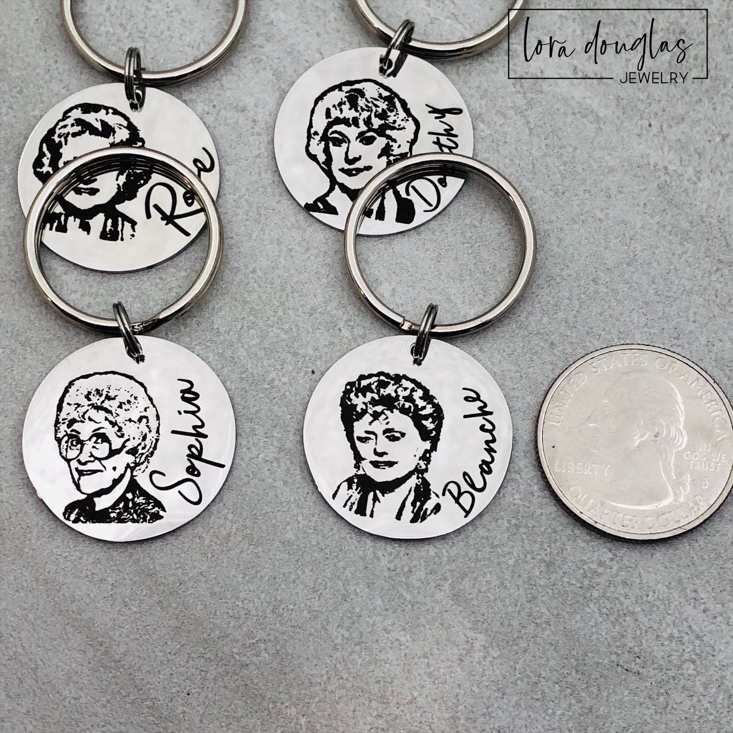 Golden Girls Keychains. Featuring vibrant designs inspired by Dorothy, Rose, Sophia,