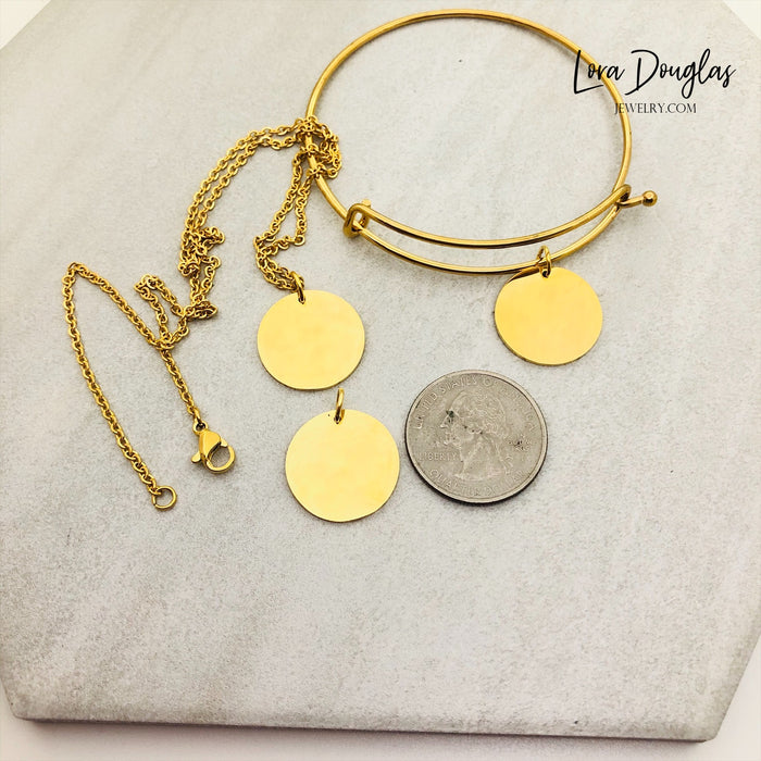 Design Your Own Engraved Charm, Necklace, or Bracelet (Gold Disc)