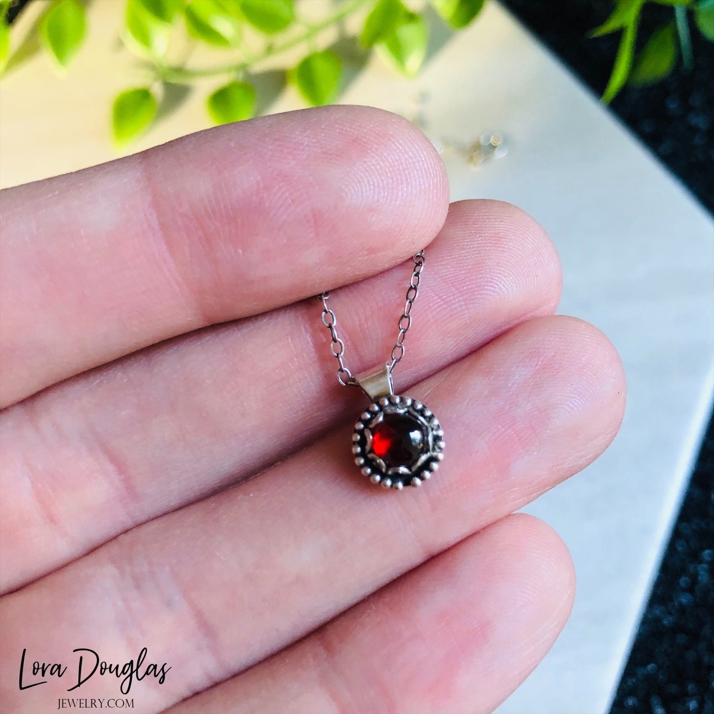 Garnet Pendant Necklace, Sterling Silver