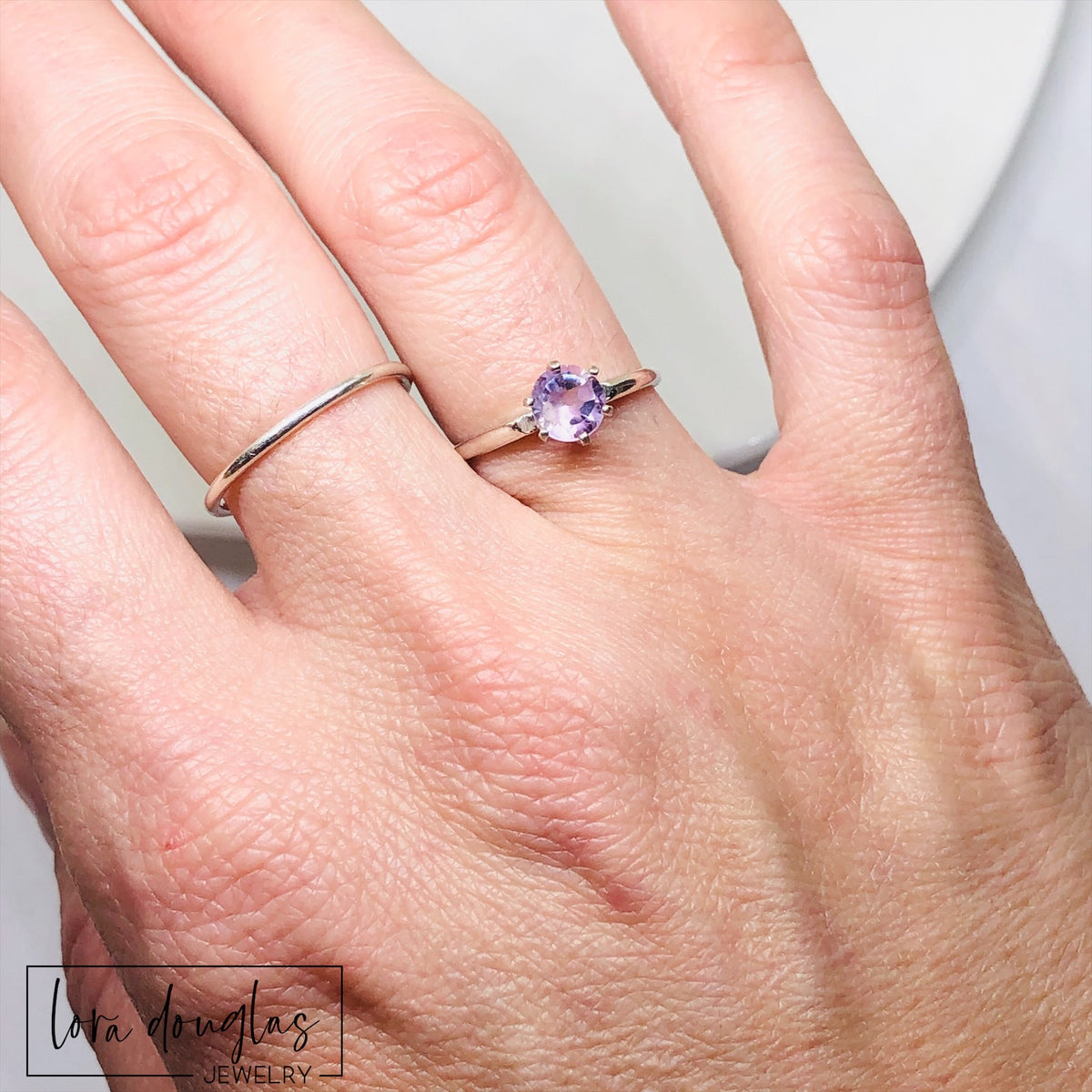 Pink amethyst and sterling silver ring in finished US size 6.5, featuring a 6mm gemstone with soft lavender and lilac coloring for a February birthstone gift, anniversary jewelry or gift for her.
