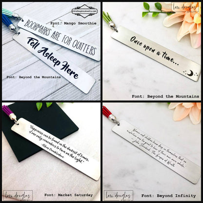 engraved metal bookmark with personalized inscription and tassel
