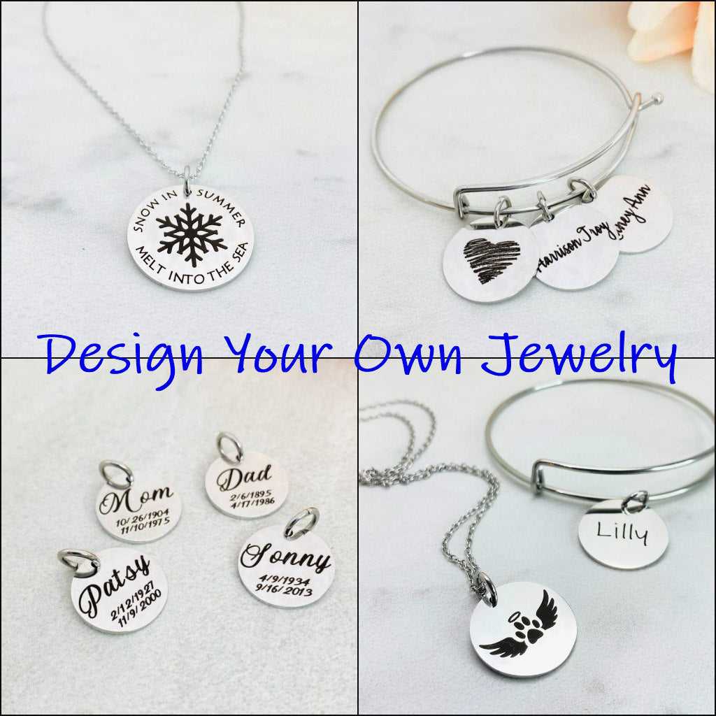 A collection of personalized jewelry items including necklaces, bracelets, and charms with engraved text and simple graphics on circular discs.