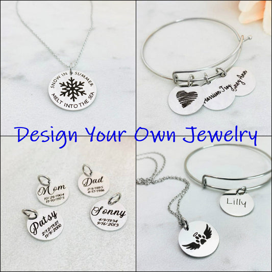 A collection of personalized jewelry items including necklaces, bracelets, and charms with engraved text and simple graphics on circular discs.