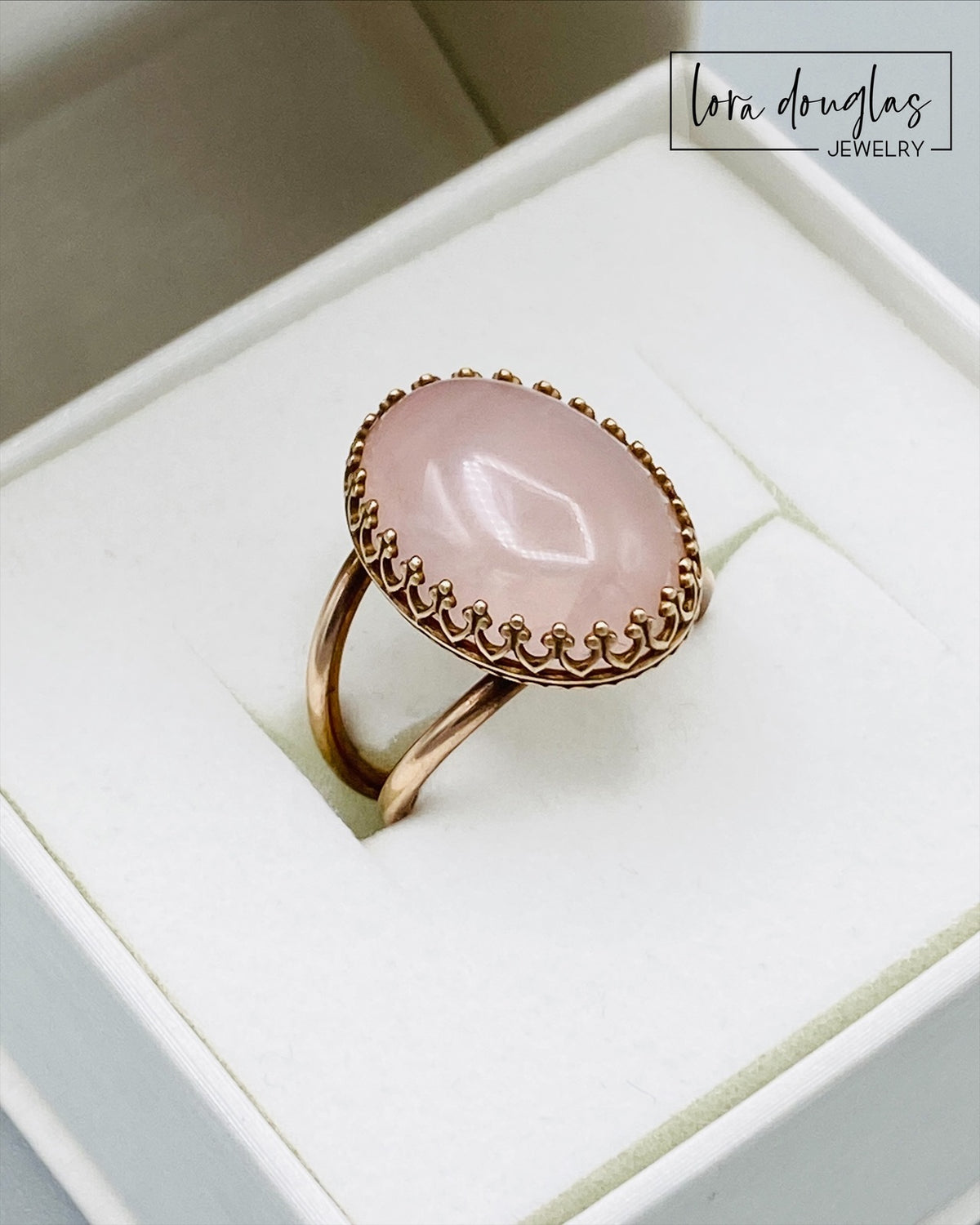 Rose quartz Love Stone ring featuring a natural pink gemstone in a bronze setting, with an 18mm x 13mm stone and finished US size 6 band for a meaningful anniversary, Valentine's Day or romantic gift.
