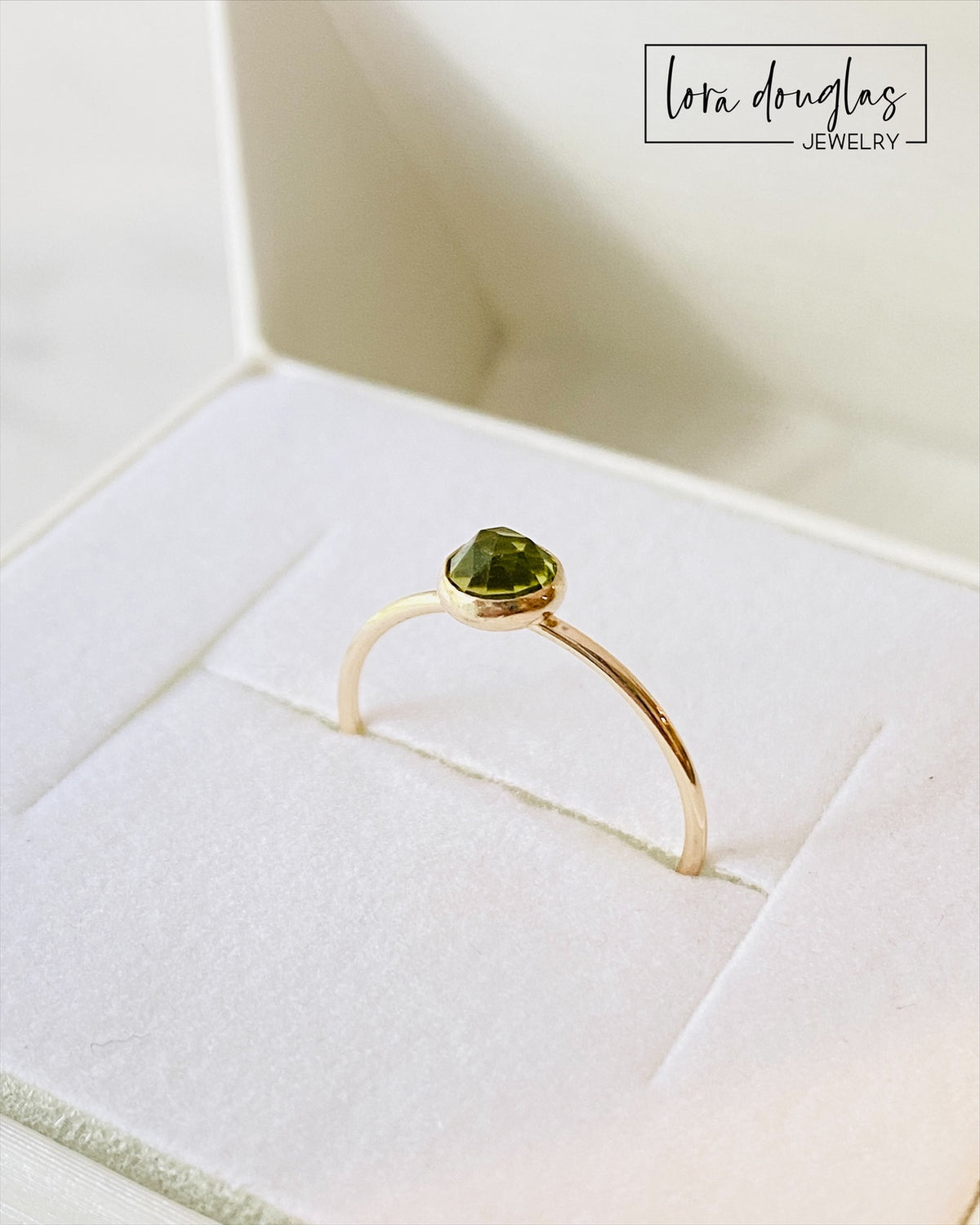 Size 6 peridot ring featuring a faceted rose cut green gemstone in a 14/20 gold filled setting, a simple birthstone ring for anyone searching for natural green gemstone jewelry.
