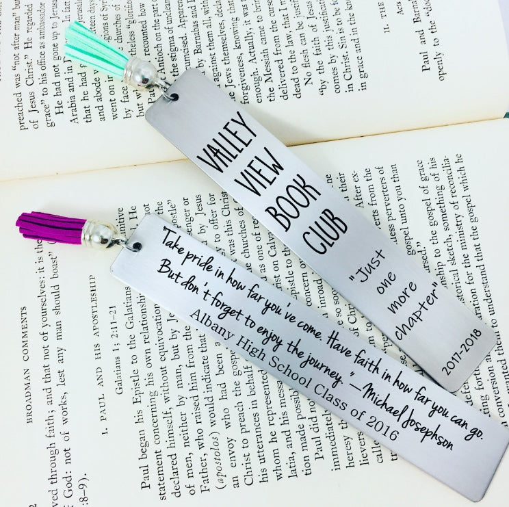 Stainless steel bookmark engraved with your own quote, club name, logo, or special message. Durable personalized gift for book lovers, library volunteers, teachers, authors, literary conferences, and reading groups.